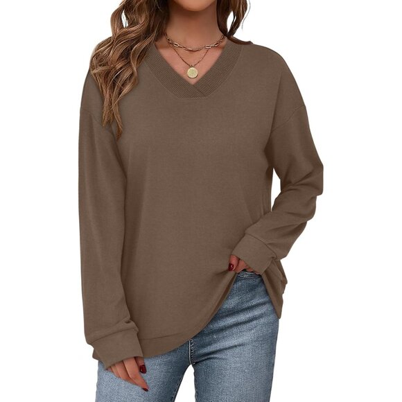 Women Sweatshirt V-Neck Ribbed Panels Fall Casual Cozy Long Sleeve - Picture 3 of 5